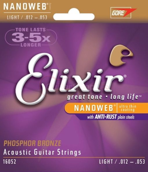 Elixir Nanoweb Phosphor Bronze Acoustic Guitar Strings 12-53