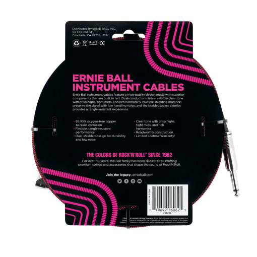 Ernie Ball 6062 25ft Braided Straight to Angle Instrument Cable Black-Red - Image 2