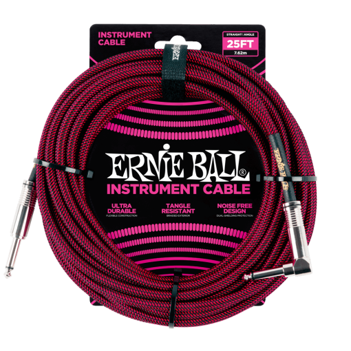 Ernie Ball 6062 25ft Braided Straight to Angle Instrument Cable Black-Red