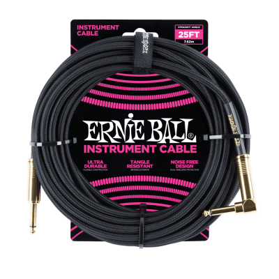 Ernie Ball 25ft Braided Straight to Angle Instrument Cables -Black