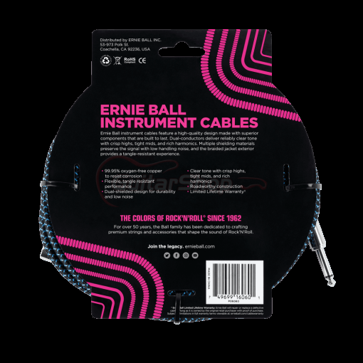Ernie Ball 6060 25ft Braided Straight to Angle Instrument Cables Black-Blue - Image 2