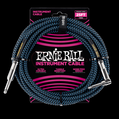 Ernie Ball 6060 25ft Braided Straight to Angle Instrument Cables Black-Blue