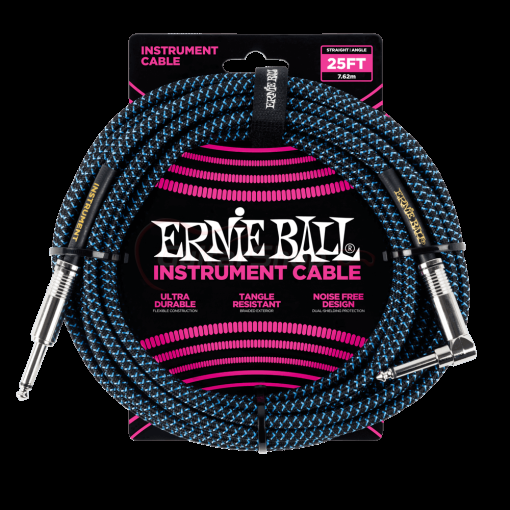 Ernie Ball 6060 25ft Braided Straight to Angle Instrument Cables Black-Blue