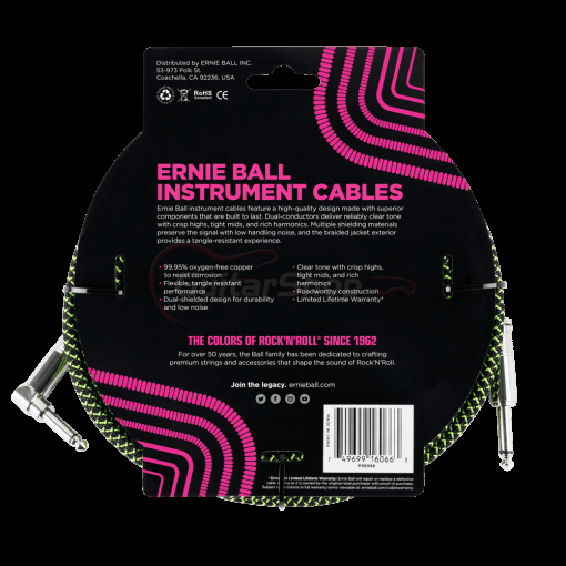 Ernie Ball 6066 25ft Braided Straight to Angle Instrument Cables Black-Green - Image 2