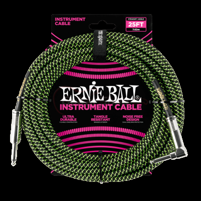 Ernie Ball 6066 25ft Braided Straight to Angle Instrument Cables Black-Green