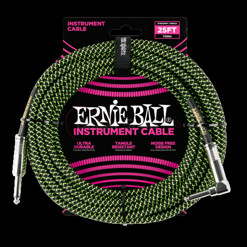 Ernie Ball 6066 25ft Braided Straight to Angle Instrument Cables Black-Green