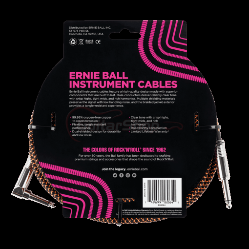 Ernie Ball 25ft Braided Straight to Angle Instrument Cables Black-Orange - Image 2