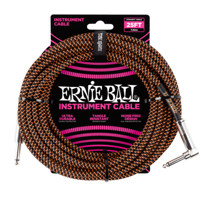 Ernie Ball 25ft Braided Straight to Angle Instrument Cables Black-Orange