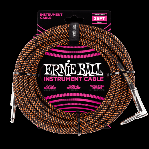 Ernie Ball 25ft Braided Straight to Angle Instrument Cables Black-Orange