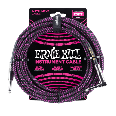 Ernie Ball 6068 25ft Braided Straight to Angle Instrument Cables Black-Purple