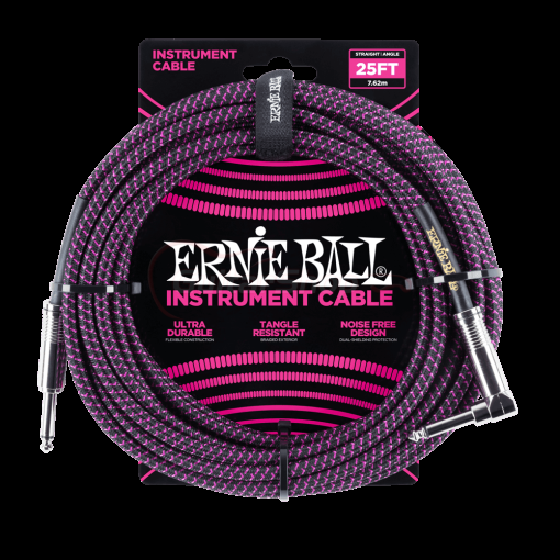 Ernie Ball 6068 25ft Braided Straight to Angle Instrument Cables Black-Purple
