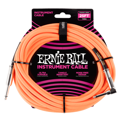Ernie Ball 6067 25ft Braided Straight to Angle Instrument Cable Neon Orange