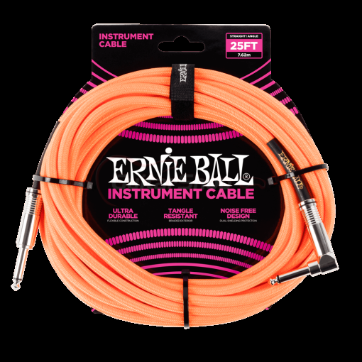Ernie Ball 6067 25ft Braided Straight to Angle Instrument Cable Neon Orange