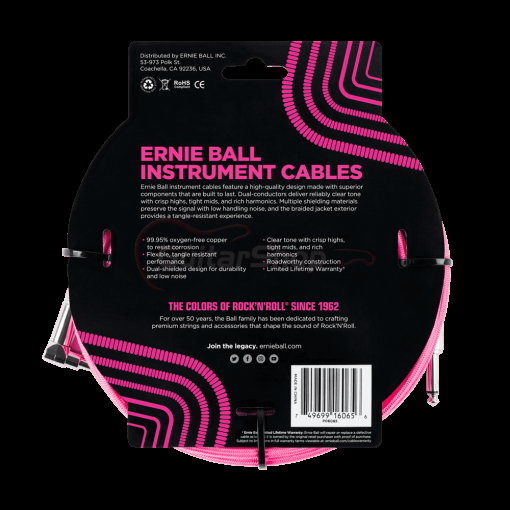Ernie Ball 6065 25ft Braided Straight to Angle Instrument Cables Neon Pink - Image 2
