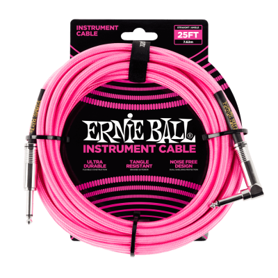 Ernie Ball 6065 25ft Braided Straight to Angle Instrument Cables Neon Pink