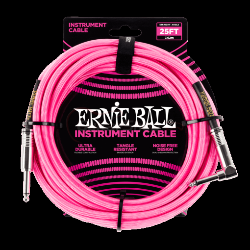 Ernie Ball 6065 25ft Braided Straight to Angle Instrument Cables Neon Pink
