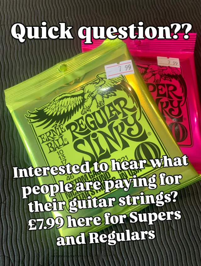 GuitarShop survey time!! How much do you pay for your guitar strings? Interested to hear what your favourite brands and gauges are too 😊🎸🎸#guitarstrings #electricguitarstrings #strings #stringedinstrument #guitarshop #guitarshopfolkestone #folkestonemusic
